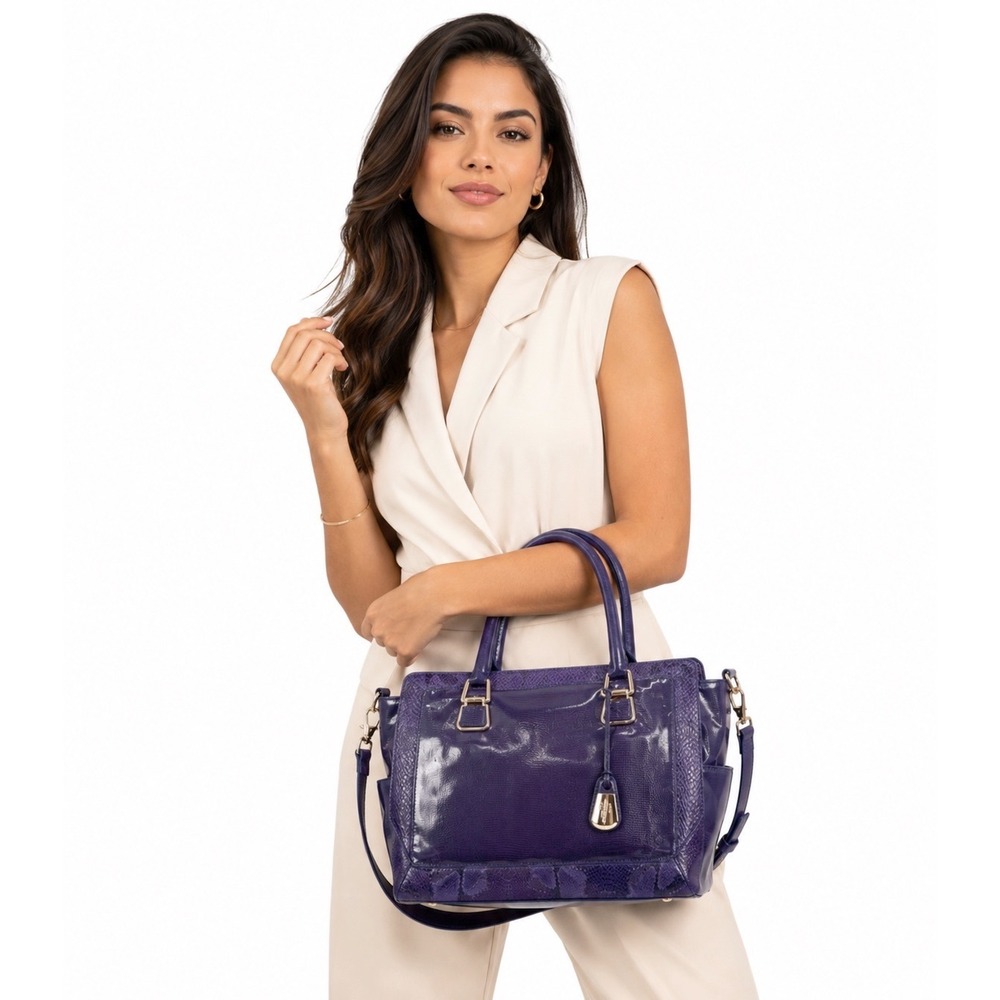 Cole Haan Purple Lizard Embossed Leather Satchel Bag Silver Hardware Chic 36-02